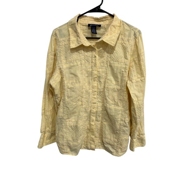Denim & Co Eyelet Patchwork Button Front Shirt Yellow Sz XL Long Sleeve Boho - Picture 1 of 9